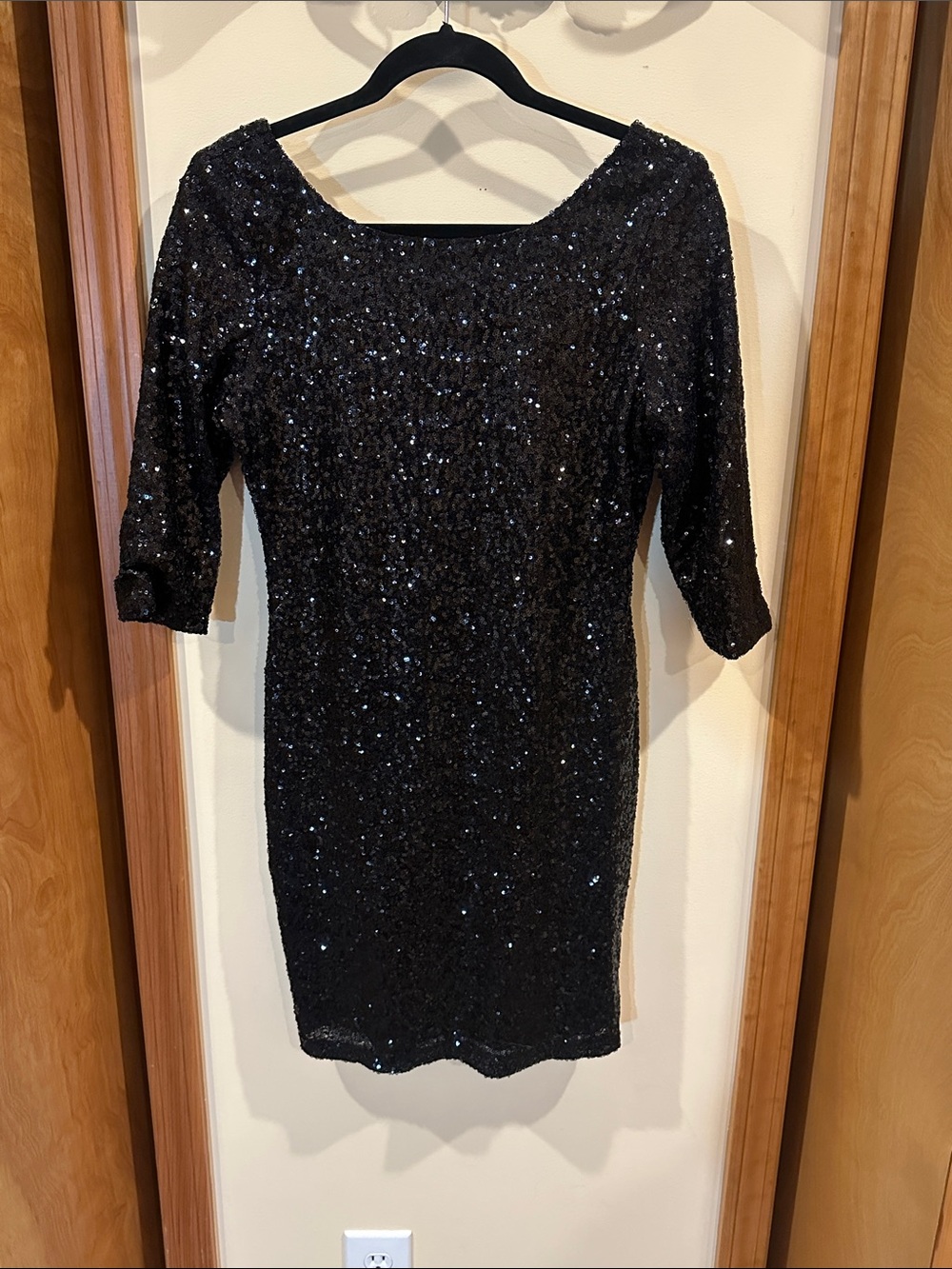 Ruby Rox Black Sequin Bodycon Dress Size L 3/4 Sleeve Cocktail Holiday Glam